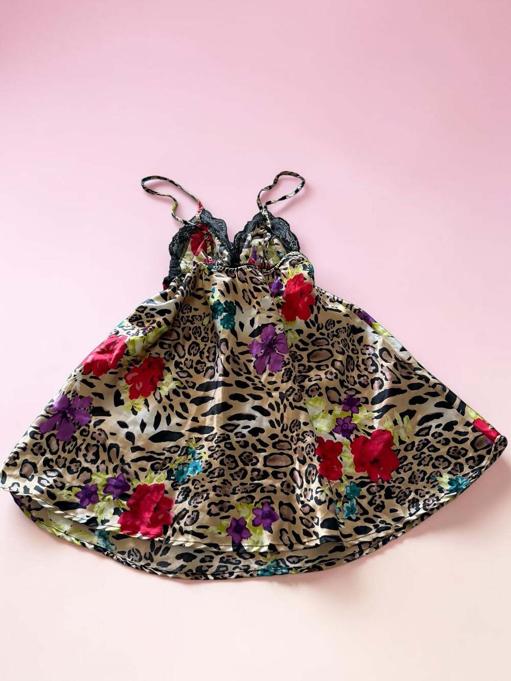 Sofia Intimates Leopard and Floral Satin Lace Trim Chemise Slip Dress